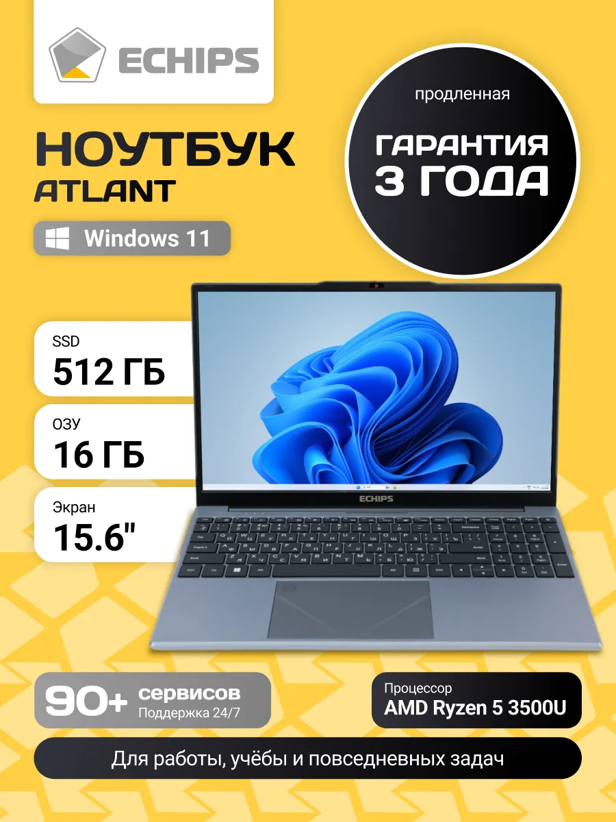 Ноутбук для работы и учебы Atlant 15,6" IPS 16/512 GB